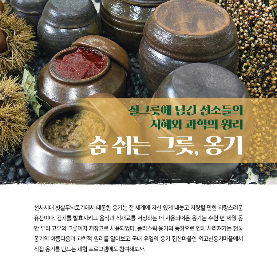 선사시대 빗살무늬토기에서 태동한 옹기는 전 세계에 자신 있게 내놓고 자랑할 만한 자랑스러운 유산이다. 김치를 발효시키고 음식과 식재료를 저장하는 데 사용되어온 옹기는 수천 년 세월 동안 우리 고유의 그릇이자 저장고로 사용되었다. 플라스틱 용기의 등장으로 인해 사라져가는 전통 옹기의 아름다움과 과학적 원리를 알아보고 국내 유일의 옹기 집산마을인 외고산옹기마을에서 직접 옹기를 만드는 체험 프로그램에도 참여해보자.