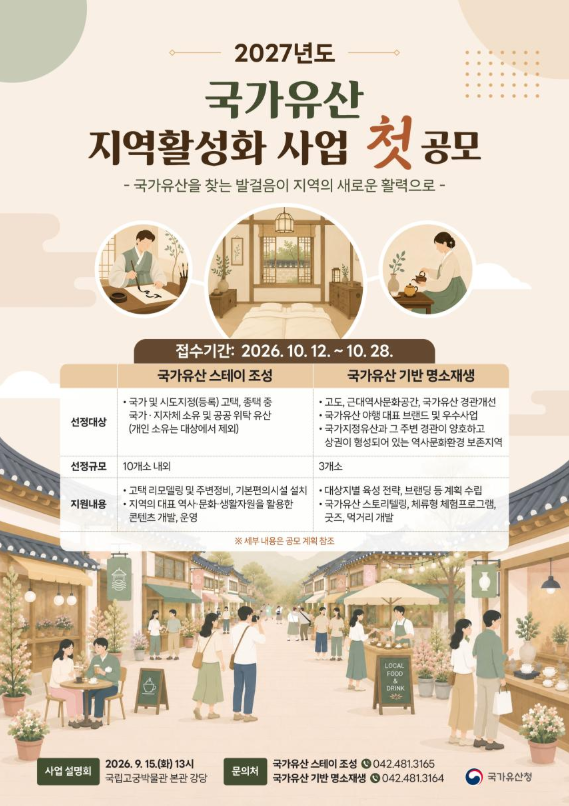2027년도 국가유산 지역활성화 사업 공모 알림 (10. 12.~10. 28.)